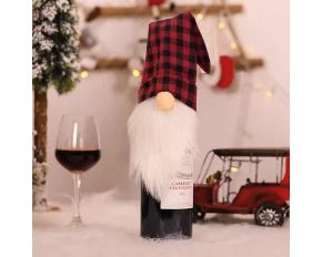 Decorațiune de Crăciun pentru sticle - elf - căciulă cu carouri roșii - poliester - 40 x 12 cm