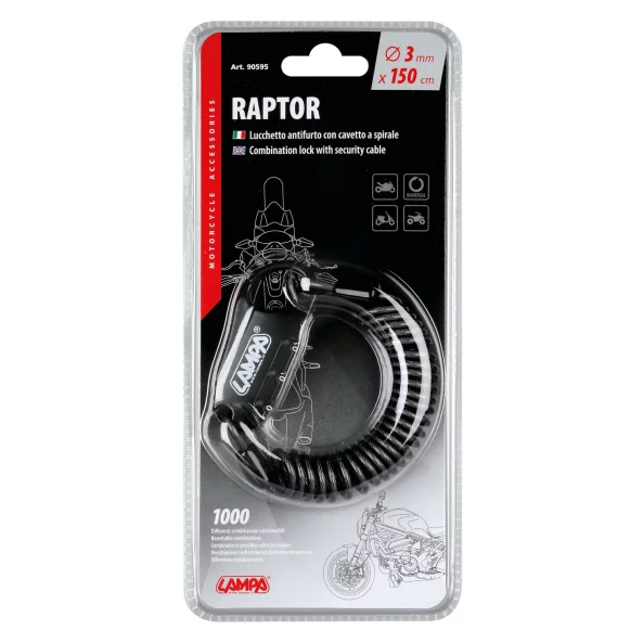 Antifurt cablu spiralat cu cifru Raptor - 150cm