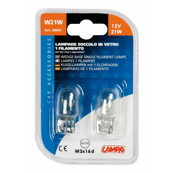 Bec 12V - W21W - 21W Frana, semnaliz, ceata soclu sticla W3x16d 2buc Lampa