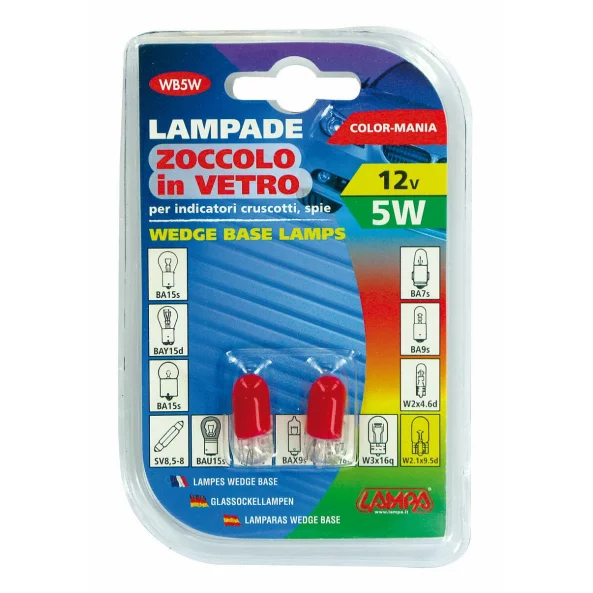 Bec clasic 5W 12V pozitie cap sticla W2,1x9,5d 2buc - Rosu