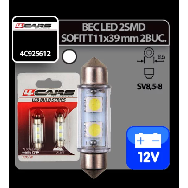 Bec Led - 2SMD 12V sofit T11x39mm soclu SV8,5-8 2buc - Alb