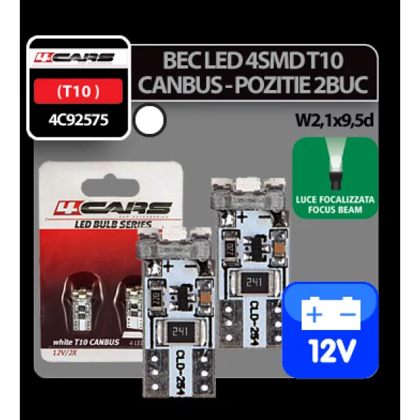 Bec Led - 4SMD 12V pozitie T10 W2,1x9,5d Canbus 2buc 4Cars - Alb focalizat