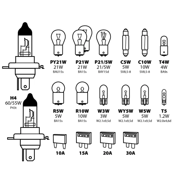 Kit becuri si sigurante 19buc, 12V - halogen 2xH4 P43