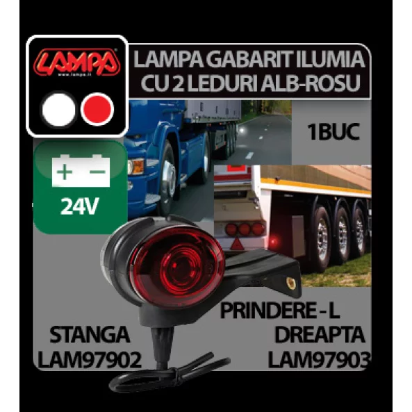 Lampa gabarit camion Ilumia cu prindere L - 2 LED-uri 24V - Alb/Rosu - Dreapta