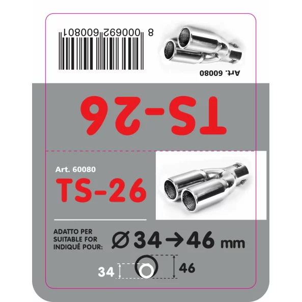 Ornament toba esapament dublu TS-26, din otel inoxidabil lustruit, sunet sport, racordare Ø34-46mm
