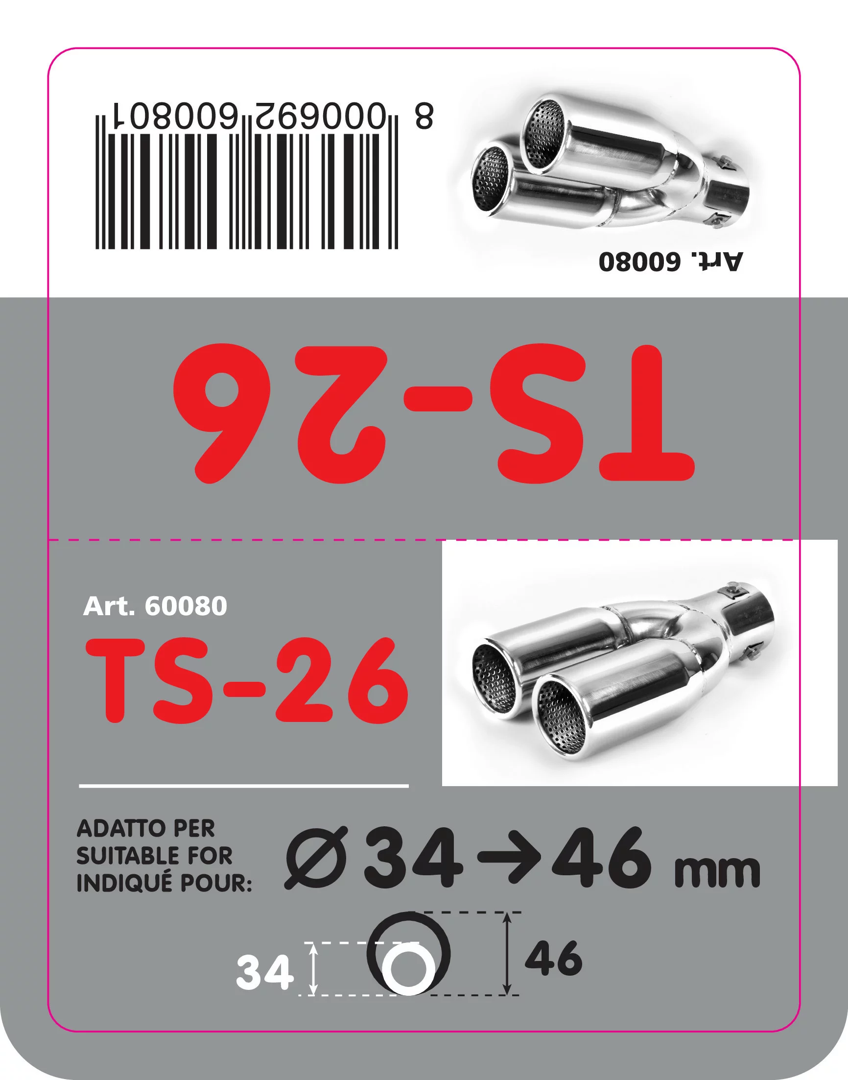 Ornament toba esapament dublu TS-26, din otel inoxidabil lustruit, sunet sport, racordare Ø34-46mm