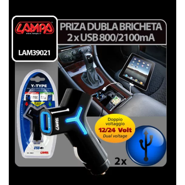 Priza dubla USB la bricheta 12/24V - 800/2100 mA