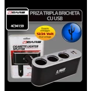 Priza tripla bricheta cu USB 12/24V 4Cars