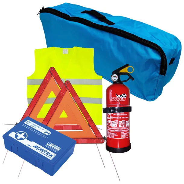 Set pachet prim ajutor auto, trusa sanitara PET, stingator 1kg Cridem, triunghi presemnalizare 2buc, vesta reflectorizanta, geanta organizatoare Albastru